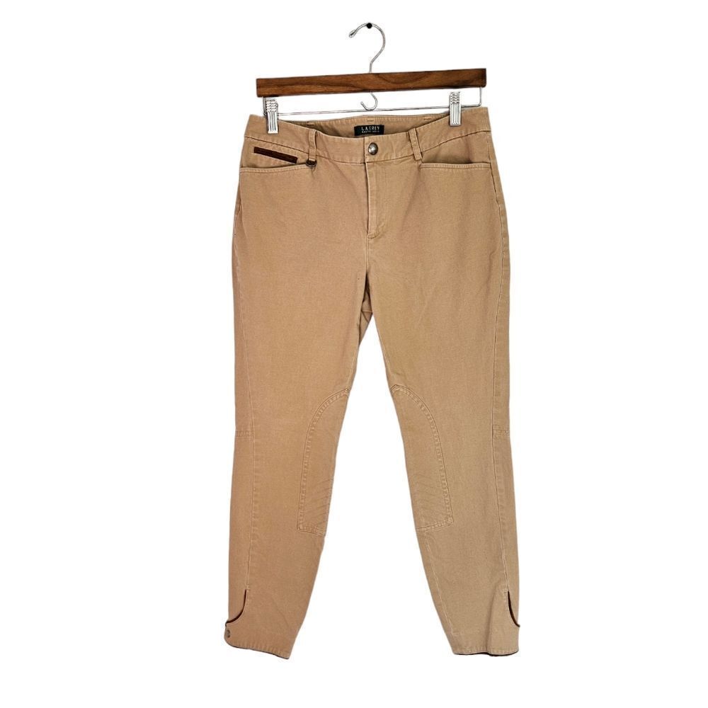 Lauren Ralph Lauren Equestrian Horse Riding Slim Leg Snap Hem Pants Tan Beige 8